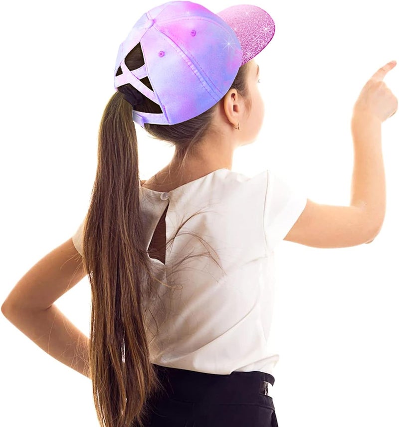 BROMZ Girls Glitter Baseball Cap Kids Ponytail Hat Adjustable Summer Mesh Trucker Hats for 4-12 Years - Image 3